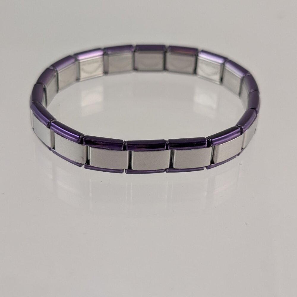 STAINLESS STEEL ITALIAN CHARM BRACELET/9MM/ BRUSHED SILVER w/ PURPLE TRIM/ B…